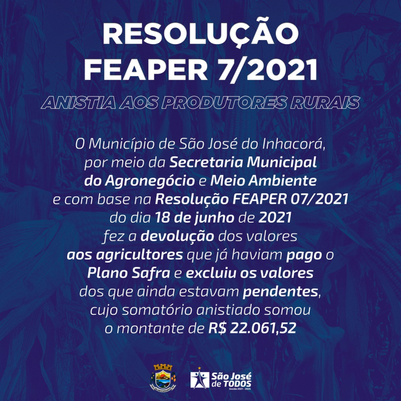 ANISTIA AOS PRODUTORES RURAIS – RESOLUÇÃO FEAPER  7/2021